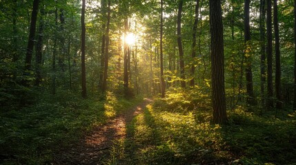 Obraz premium Sunlight Filtering Through Trees in Lush Green Forest Pathway