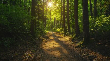 Obraz premium Serene Forest Pathway Through Lush Green Trees and Soft Sunlight