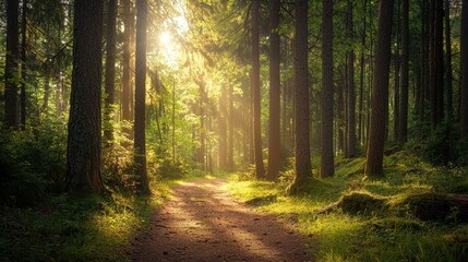 Obraz premium Sunlight Through Trees in Lush Green Forest Pathway Scene