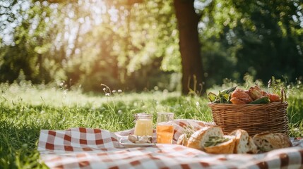 Delightful Picnic with Basket and Refreshing Drinks in Nature