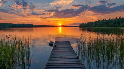 Fototapeta premium Serene Sunset Over Calm Lake with Wooden Pier and Lush Grass