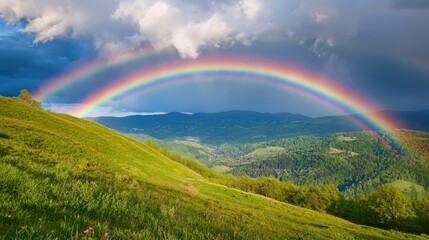 Obraz premium Vibrant Rainbow Over Serene Green Hills and Lush Valley Landscape