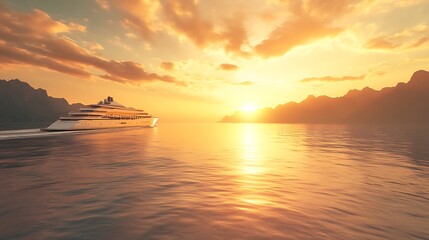 Fototapeta premium A luxury yacht cruising at sunset with serene waters and a dramatic sky backdrop.