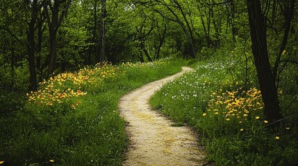 Fototapeta premium Serene Nature Path Surrounded by Vibrant Wildflowers and Greenery