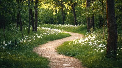 Obraz premium Serene Path Through Lush Green Forest Surrounded by Wildflowers