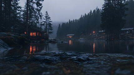 Misty mountain lake cabins at night