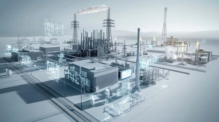 Futuristic industrial complex with digital overlays showcasing energy production and technology