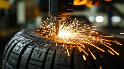 Sparks Flying from Power Tool on Tire During Industrial Machining Process