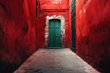 Obraz premium A deserted narrow lane between red walls with a single green door breaking the monotony.