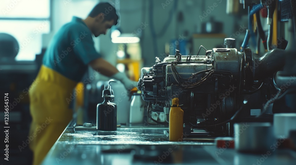 Poster a close-up of a mechanic cleaning tools and the work area after refueling an engine, ensuring everyt
