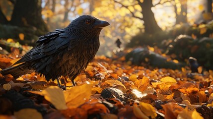 Wet crow amidst autumn leaves in a sunlit forest.