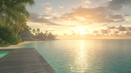 Naklejka premium Serene sunset over calm waters, with palm trees and a tropical setting.