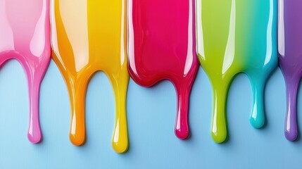 Naklejka premium Colorful Liquid Paint Dripping on a Light Blue Background