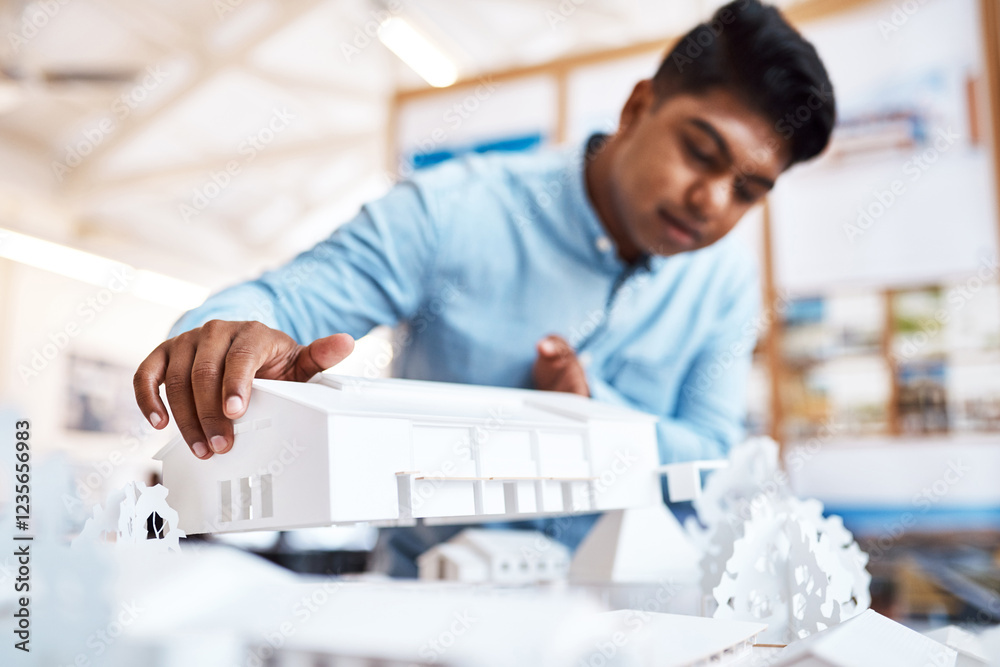 Poster Planning, architecture and engineer in office with 3d design for building development, maintenance or repair. Industry, creative and male construction worker with prototype for civil project on site.