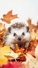 Cute Hedgehog Surrounded by Colorful Autumn Leaves in Nature