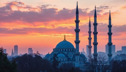 Obraz premium Majestic Mosque Silhouette at Sunset over City Skyline
