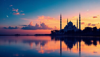 Naklejka premium Serene Sunset Silhouette of a Mosque by the Water