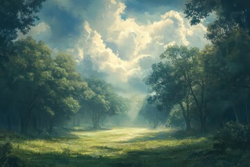 Fototapeta premium A forest clearing with shafts of light breaking through dense clouds overhead.