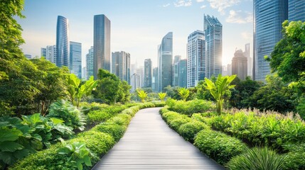 Fototapeta premium City park pathway, sunrise, skyscrapers