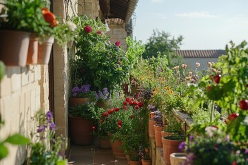 Naklejka premium Vibrant Small Balcony Garden Overflowing with Colorful Flowers