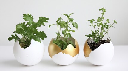 Creative eggshell planters with pink flowers and green sprigs, arranged on a white background. Concept of eco-friendly decoration