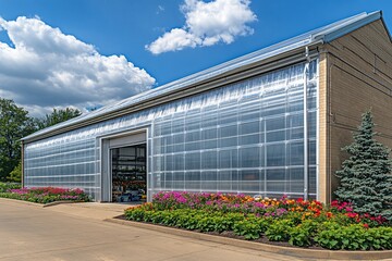 Modern Greenhouse with Colorful Flowers and Clear Polycarbonate Walls
