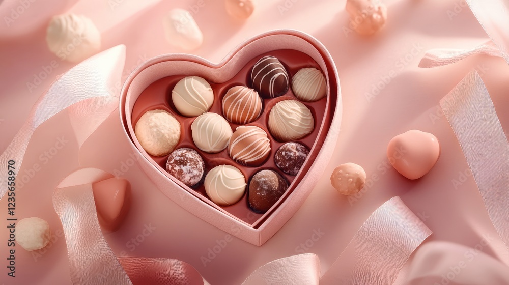 Aufkleber A close-up of an open heart-shaped box filled with assorted truffles and pralines, placed on a soft pink background, perfect for a gift