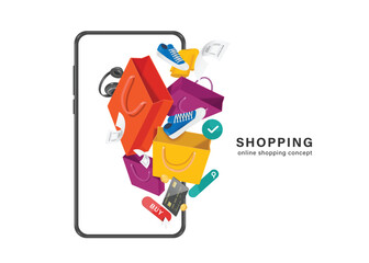 Brightly colored shopping bags, receipt paper and various merchandise float in mid-air in front of smartphone screen after customer confirms an online order and pays with credit card, vector 3d
