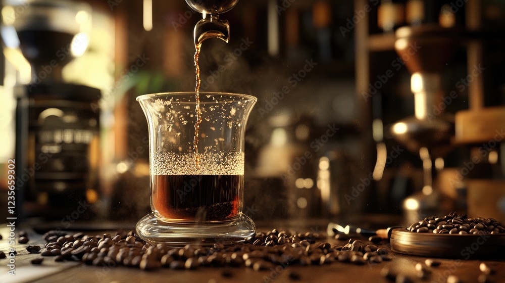 Poster a close-up of coffee dripping into a glass carafe, with coffee beans and brewing tools arranged neat