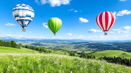 Fototapeta premium Scenic Hot Air Balloons Soaring Over Lush Green Rolling Hills and Meadows