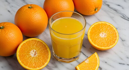 A glass of freshly squeezed orange juice surrounded by whole and halved oranges on a marble countertop