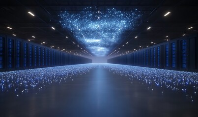 Futuristic data center with glowing blue lights and a vast, illuminated space.