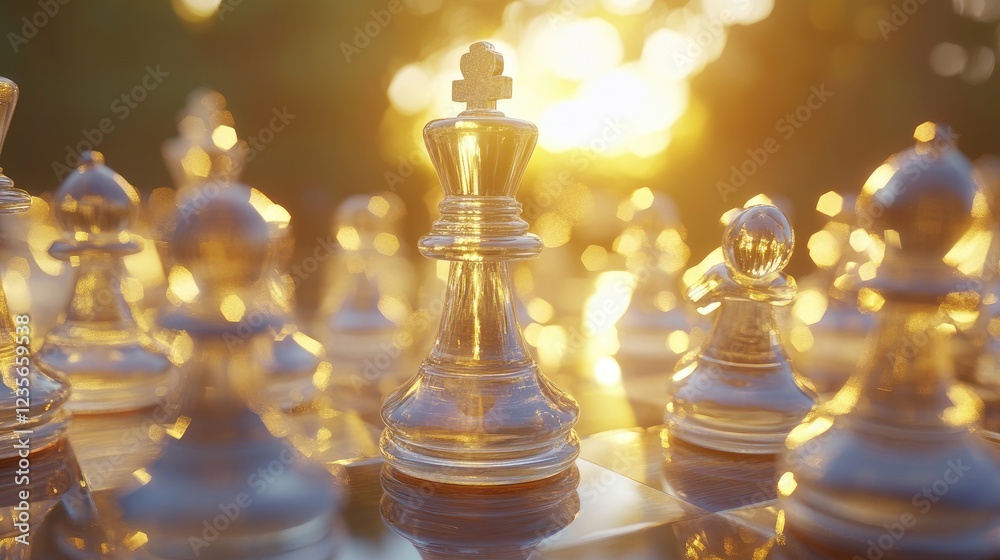 Poster a close-up of glass chess pieces in the midst of a game, with a pawn moving forward, illuminated by 