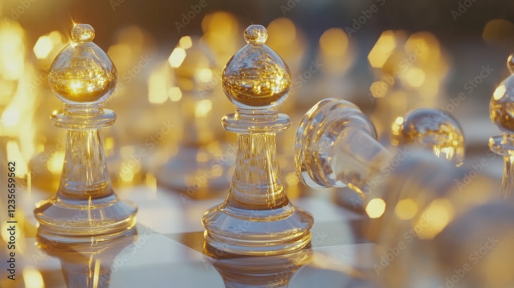 Poster a close-up of glass chess pieces in the midst of a game, with a pawn moving forward, illuminated by 