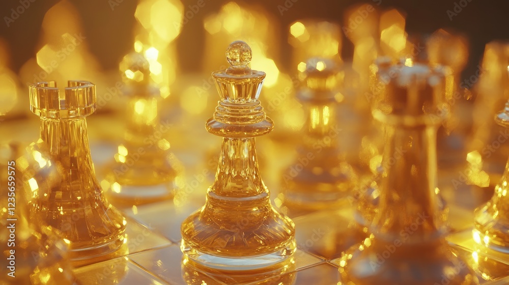 Poster a close-up of glass chess pieces in the midst of a game, with a pawn moving forward, illuminated by 