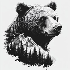 Artistic bear illustration with mountainous landscape.