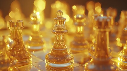 A close-up of glass chess pieces in the midst of a game, with a pawn moving forward, illuminated by soft golden light to enhance the crystal reflections