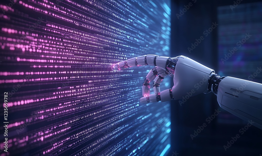 Poster A robotic hand interacts with vibrant digital data streams.