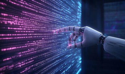 A robotic hand interacts with vibrant digital data streams.