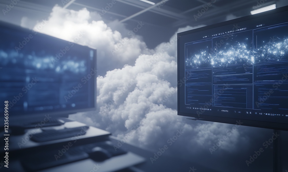 Aufkleber Futuristic workspace with dual monitors displaying data amidst a cloud-like background.