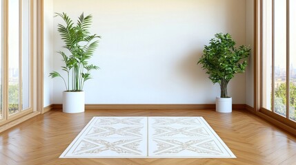Modern Room Interior with Green Plants and Beige Carpet