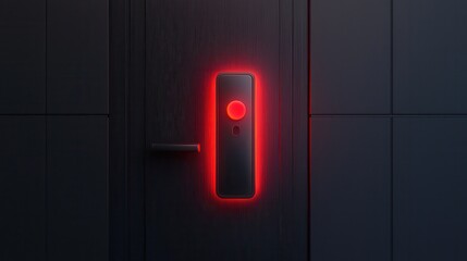 A sleek, modern door lock with a glowing red indicator on a dark wooden door, suggesting advanced security technology.