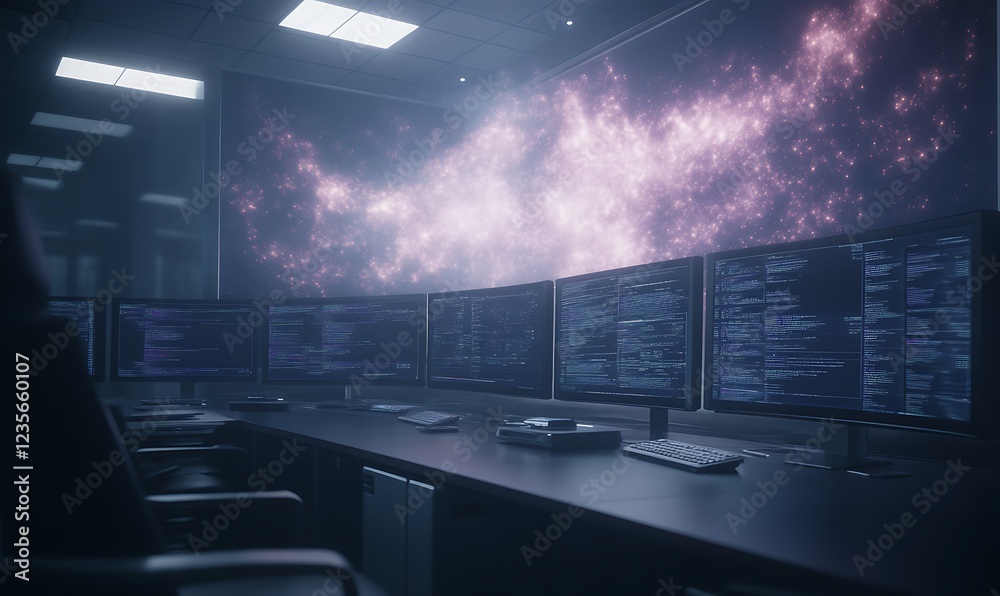 Aufkleber Futuristic control room with multiple screens displaying cosmic visuals and data.