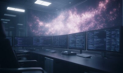 Futuristic control room with multiple screens displaying cosmic visuals and data.