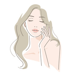 Front face of woman with  long hair. Touching her cheek and eyes closed. Vector illustration in line drawing, isolated on white background.
