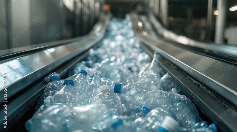 Aufkleber a close-up shot of an escalator with a pile of plastic bottles at a factory, ready for processing an