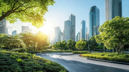 Plakat Cityscape sunrise, green park road curve, modern buildings