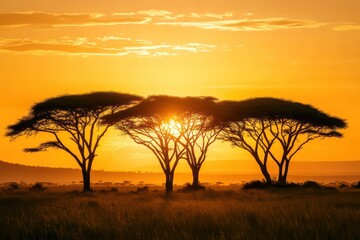 Obraz premium A grove of trees in silhouette standing tall during the golden hour, with the sun setting in the background.