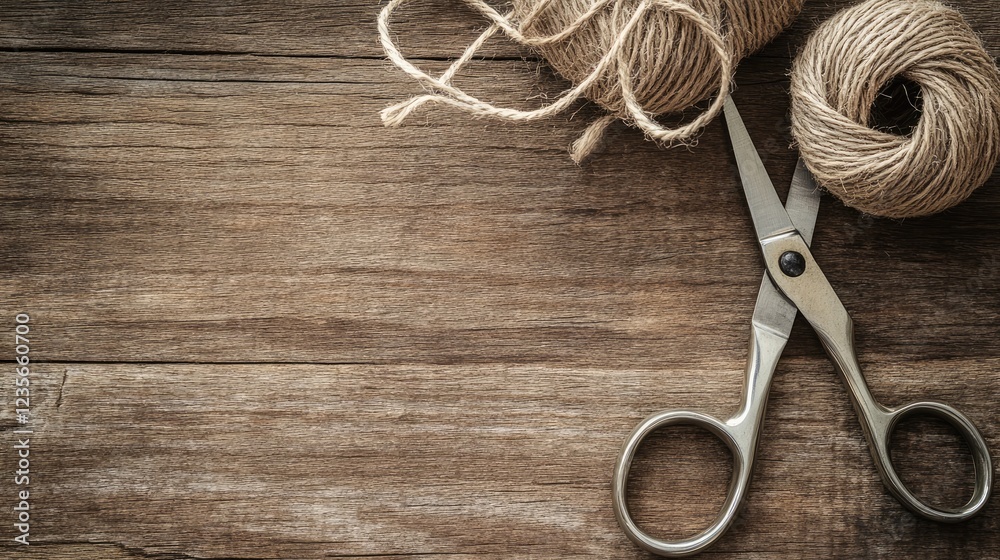 Poster A close-up of scissors and twine neatly arranged on a textured wood backdrop, with soft natural lighting and ample copy space for text