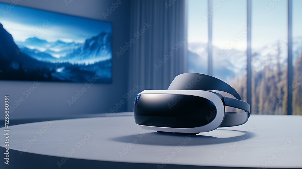Poster Modern virtual reality headset on a table with a scenic mountain view in the background.